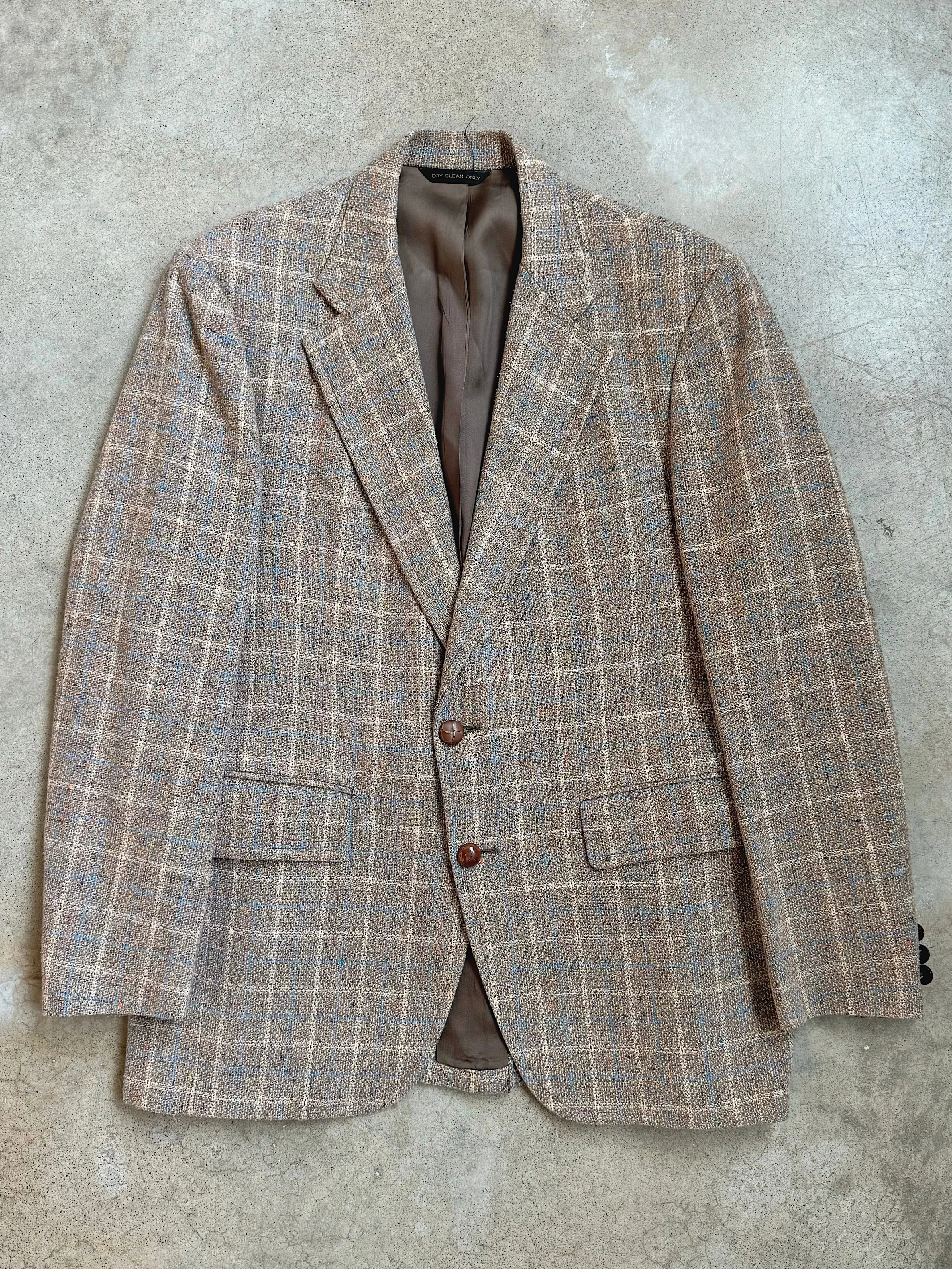 70s Vintage Neutral Blue Plaid Tweed Sport Coat (M/L)