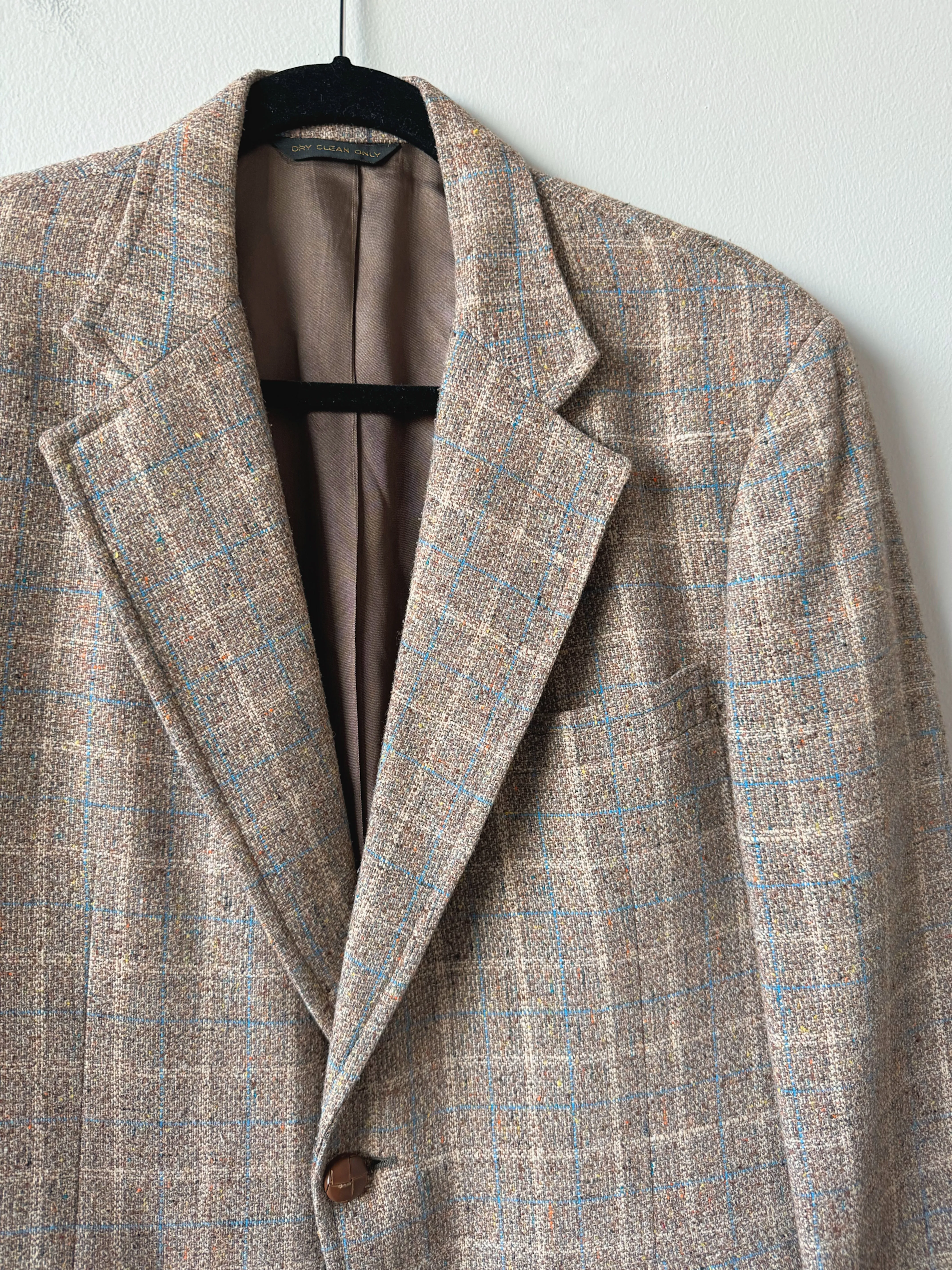 70s Vintage Neutral Blue Plaid Tweed Sport Coat (M/L)