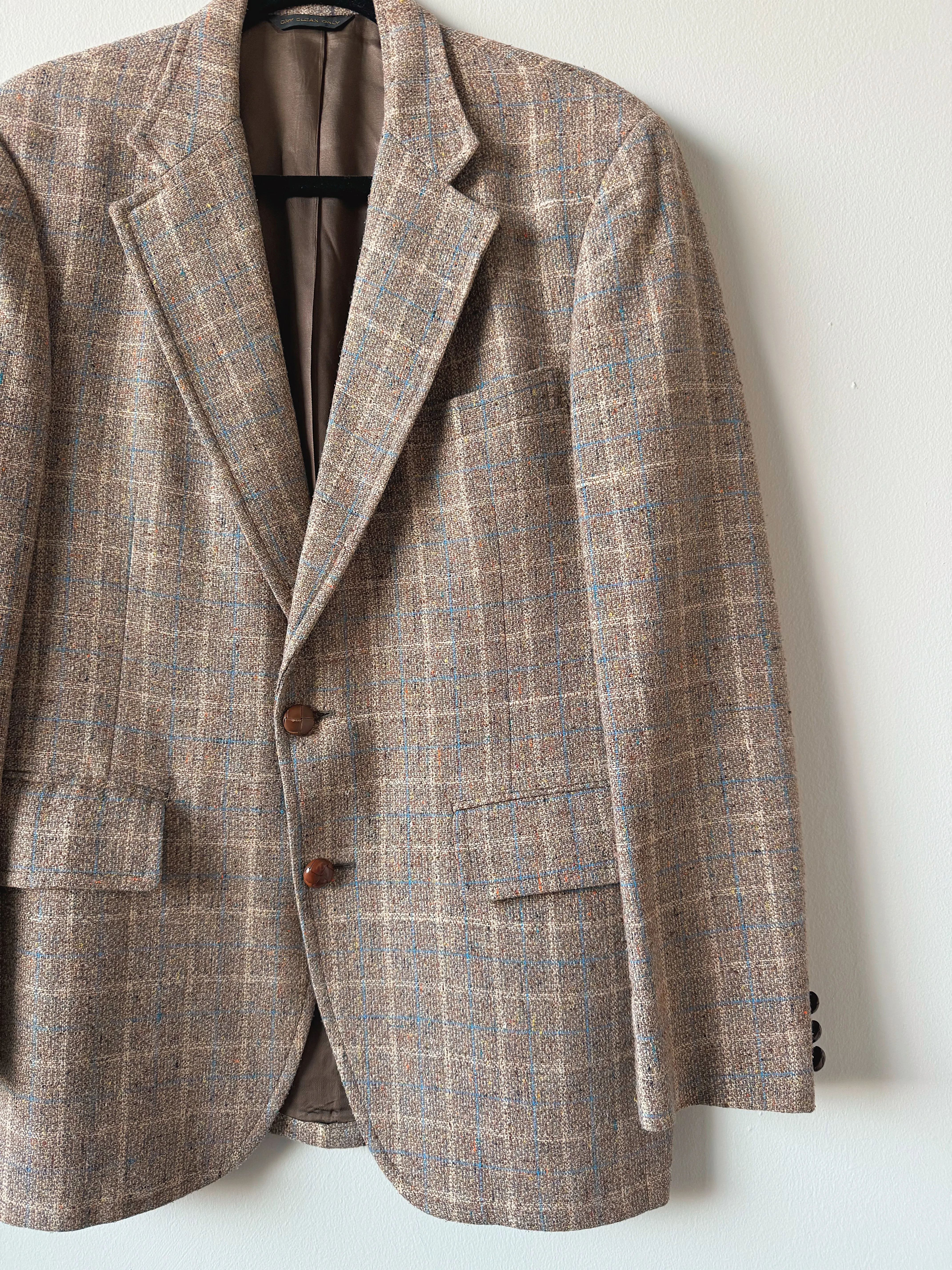70s Vintage Neutral Blue Plaid Tweed Sport Coat (M/L)