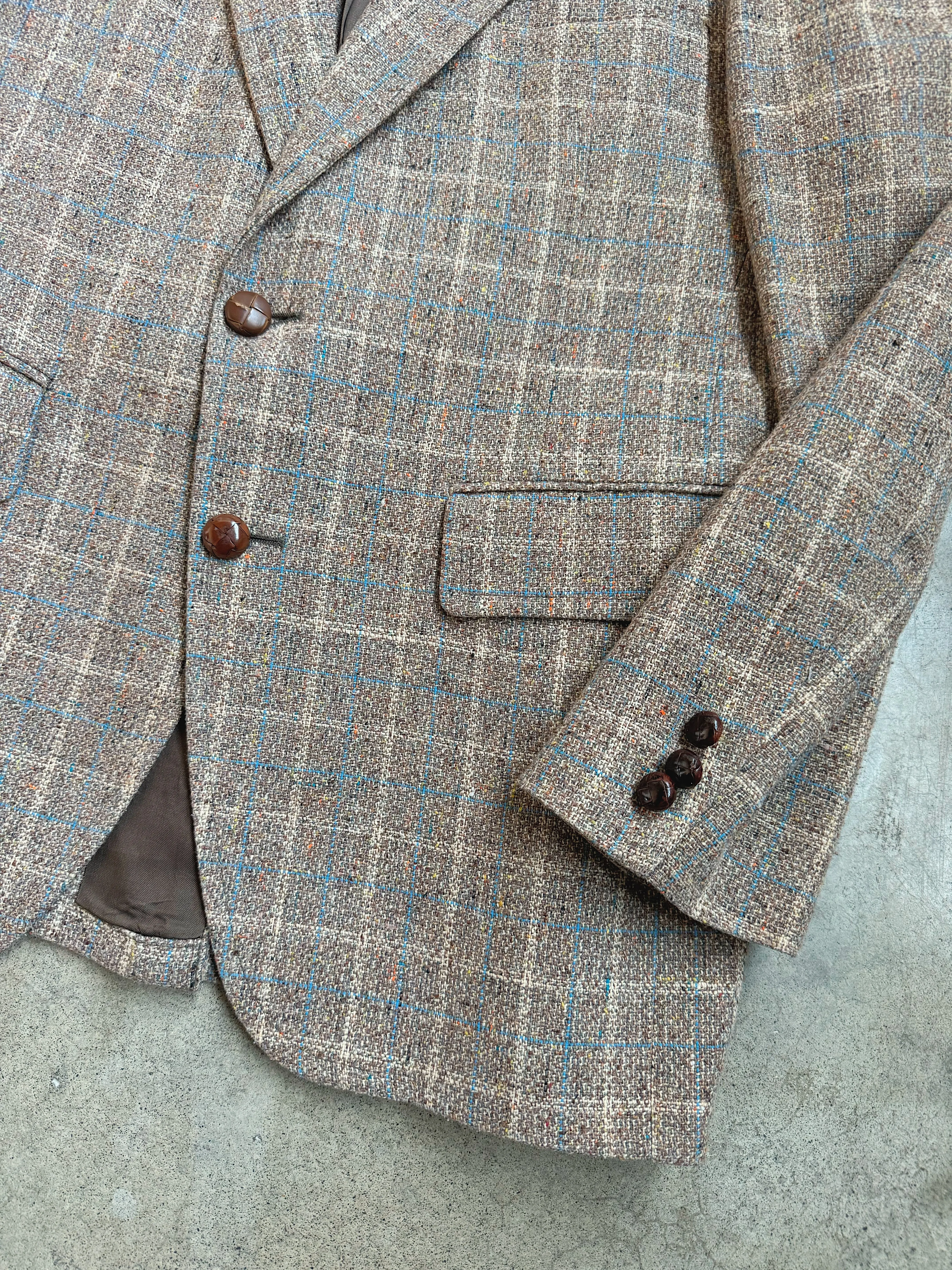 70s Vintage Neutral Blue Plaid Tweed Sport Coat (M/L)