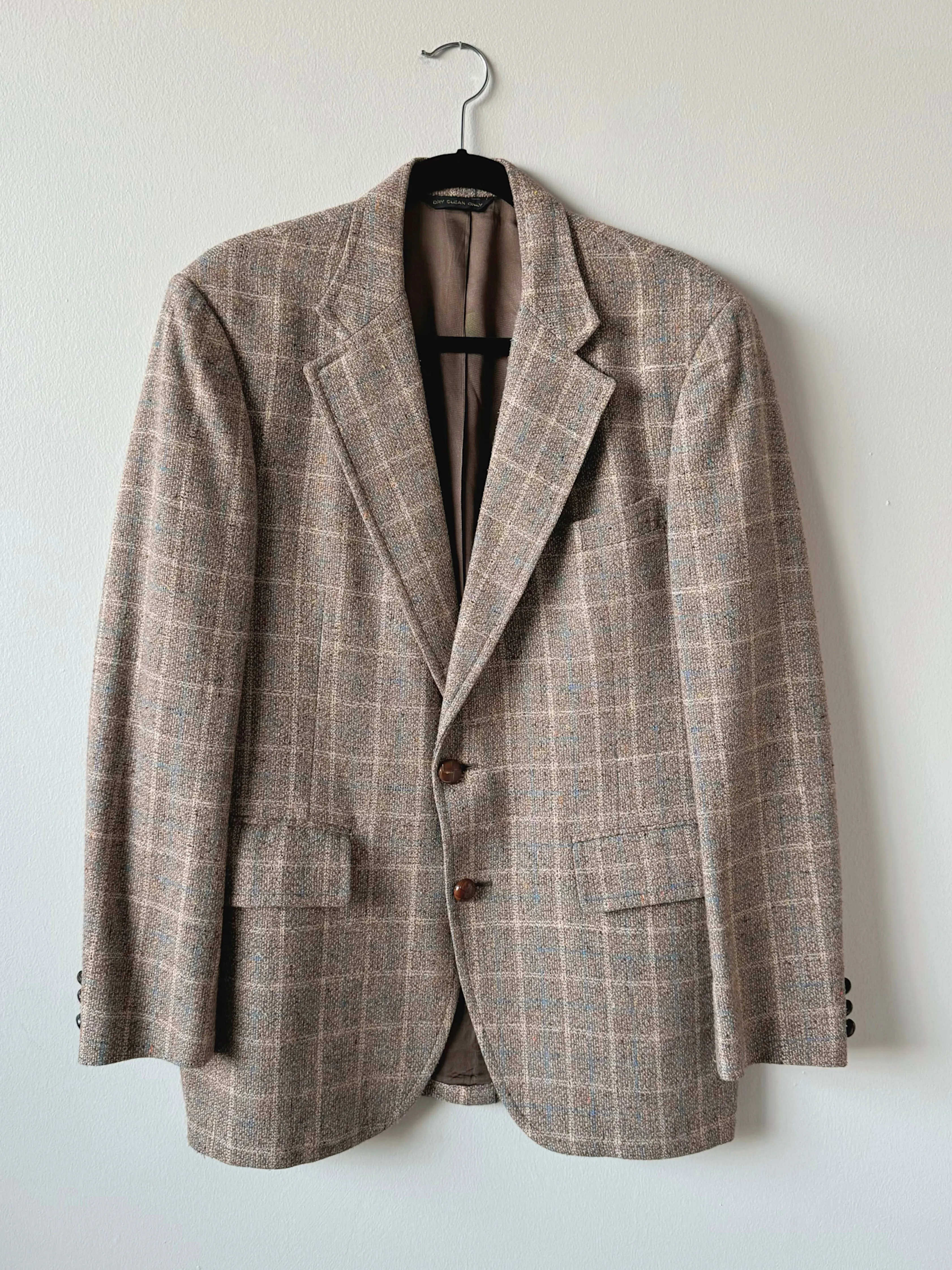 70s Vintage Neutral Blue Plaid Tweed Sport Coat (M/L)