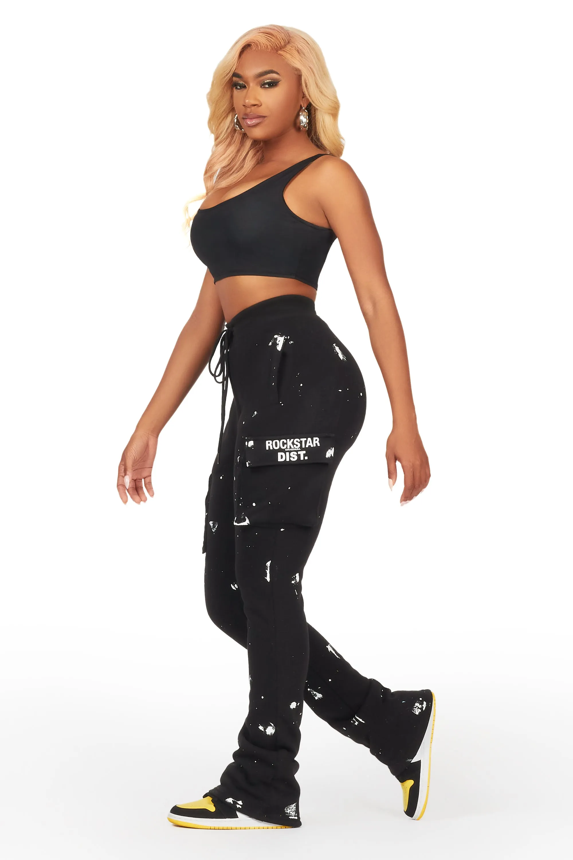 Optimized title: Stylish Antonia Black Cargo Stacked Track Pants