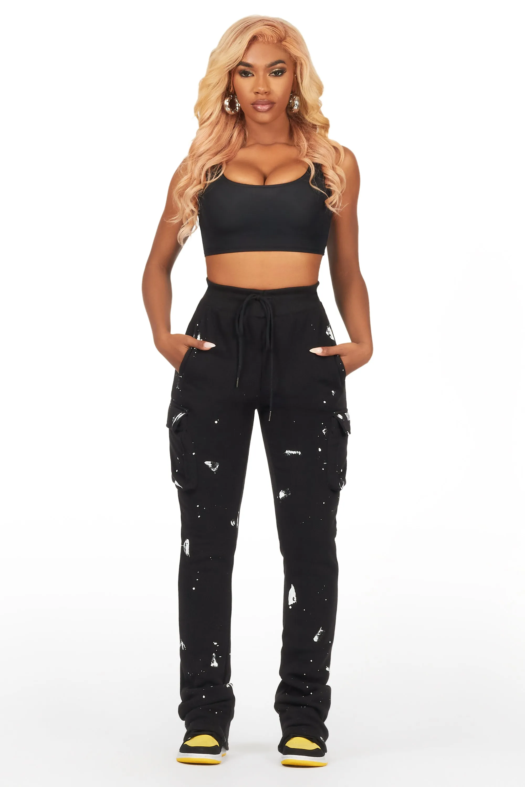 Optimized title: Stylish Antonia Black Cargo Stacked Track Pants
