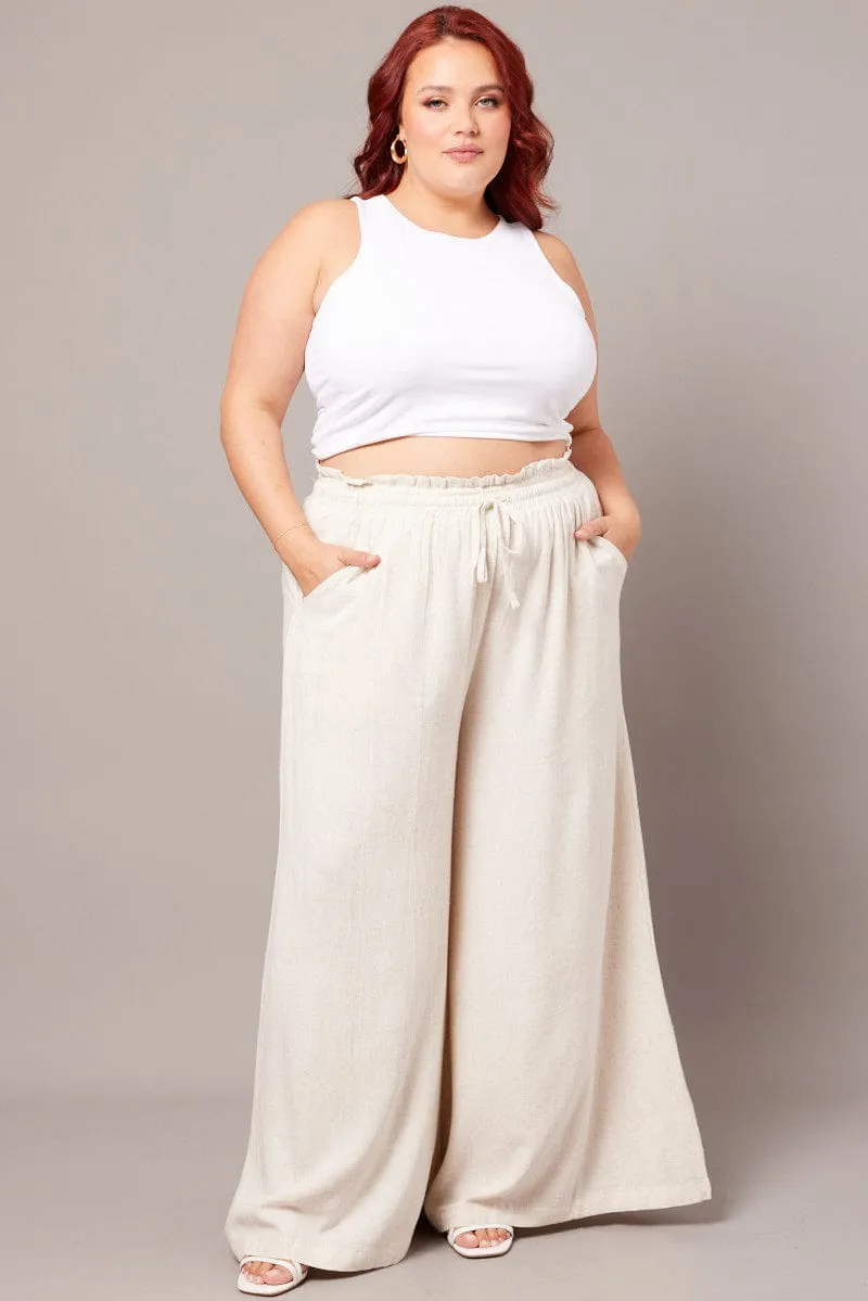 Beige Wide Leg Pants High Rise