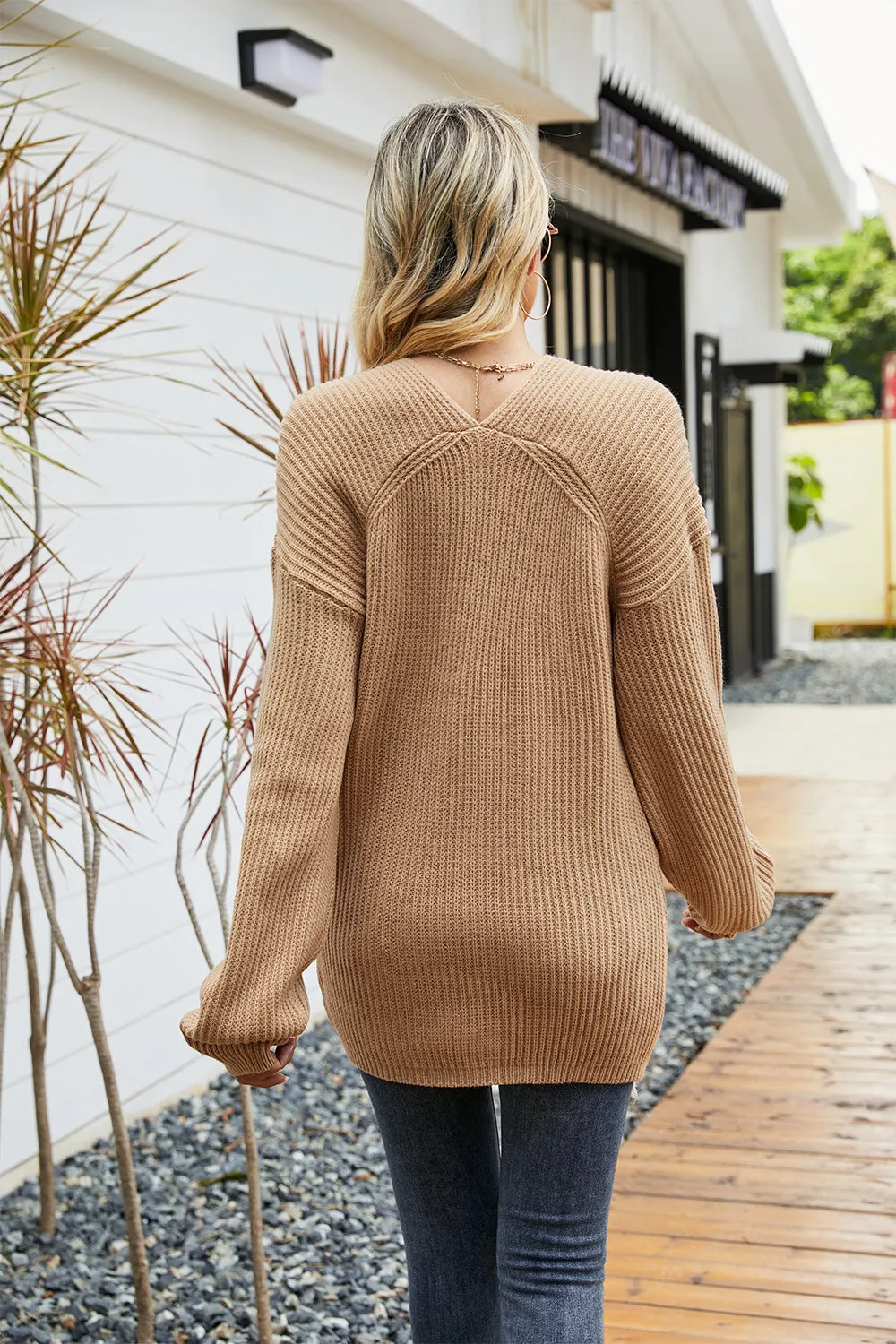 Classy V-Neck Ribbed Dropped Shoulder Sweater
