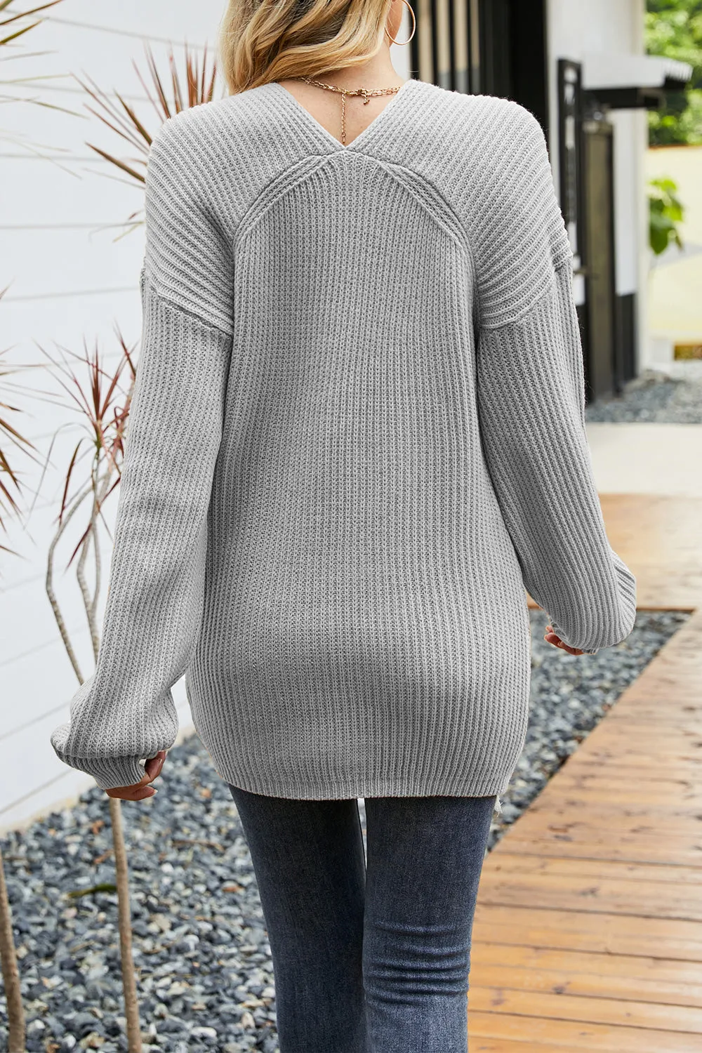 Classy V-Neck Ribbed Dropped Shoulder Sweater
