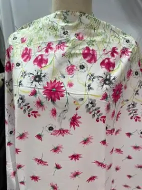 Cotton Double Border Floral Print- White/ Green / Fuchsia