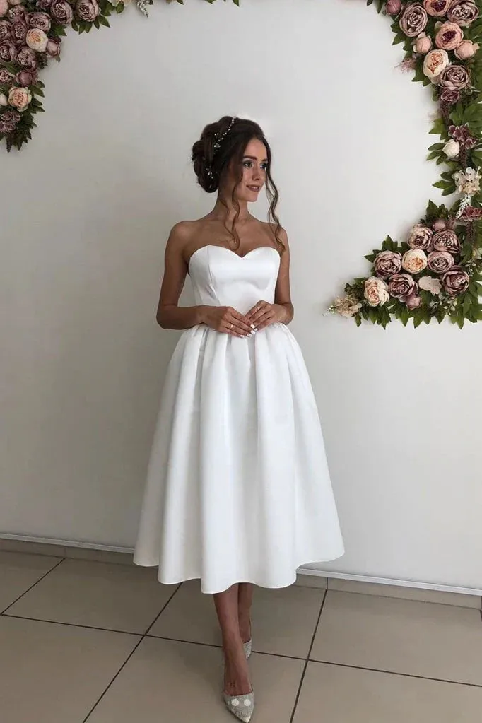 Formal Women's Dresses Simple Satin Summer Wedding Gown Sweetheart Beach Bridal Dresses Knee Length Prom Dresses Prom Dresses Stores