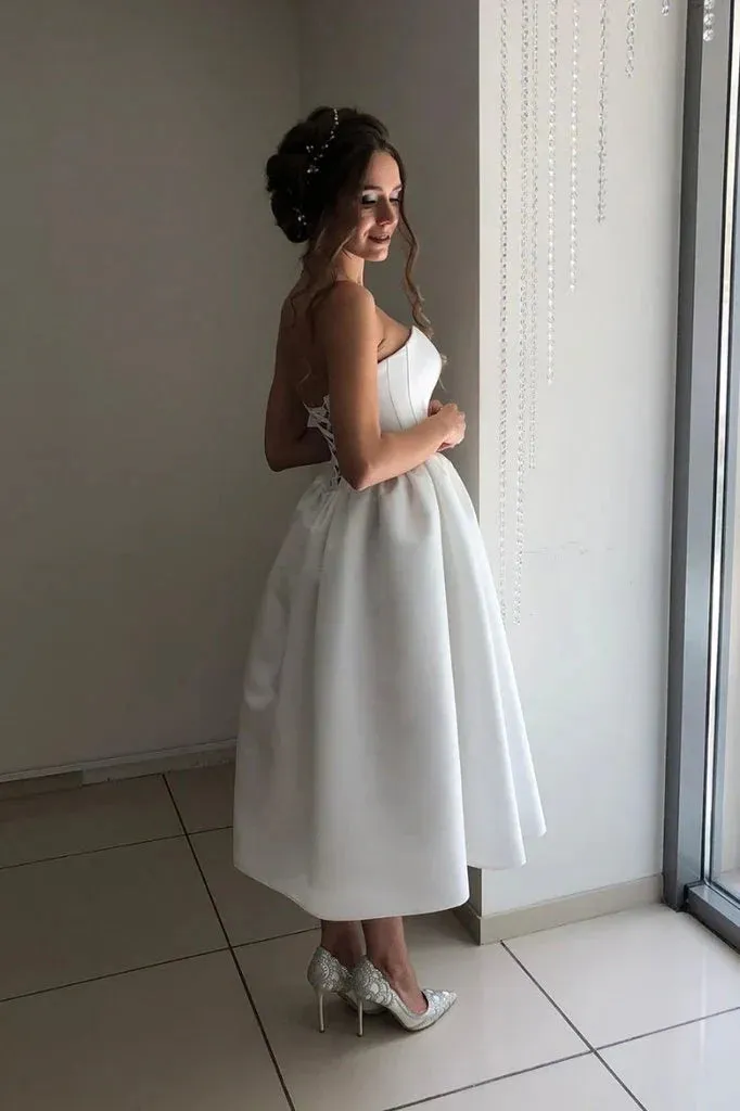 Formal Women's Dresses Simple Satin Summer Wedding Gown Sweetheart Beach Bridal Dresses Knee Length Prom Dresses Prom Dresses Stores