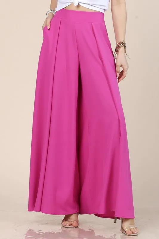 Fuchsia Solid Color Women Wide Palazzo Pants