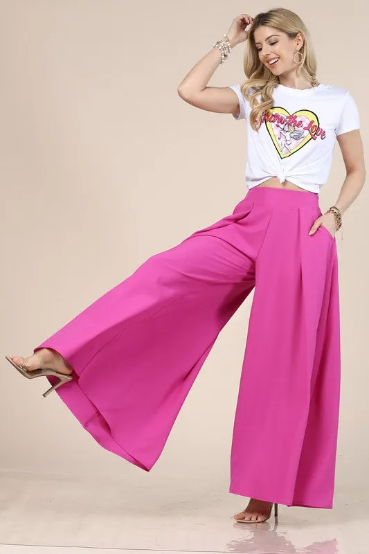 Fuchsia Solid Color Women Wide Palazzo Pants