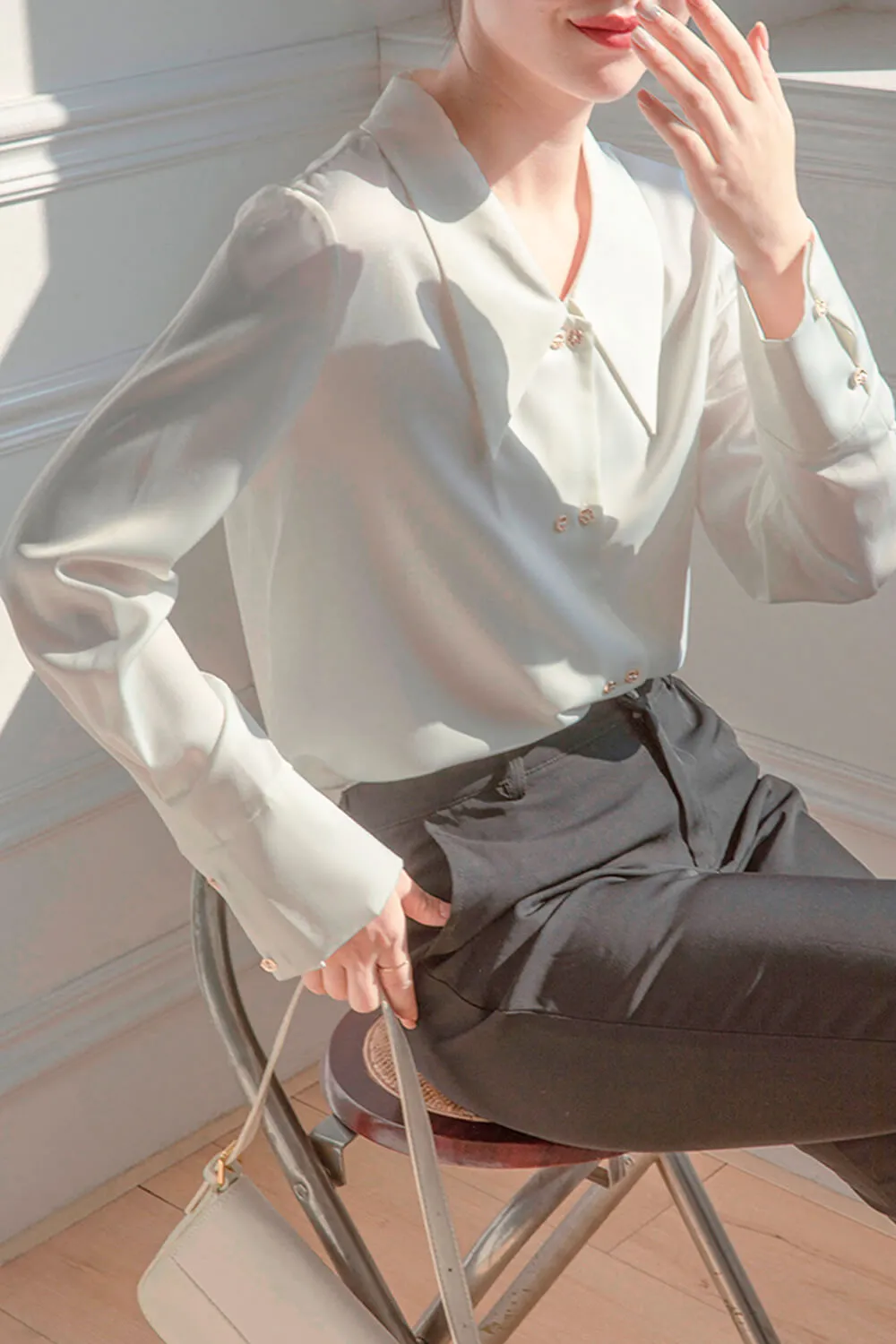 Light Academia White Satin Blouse Big Pointy Collar