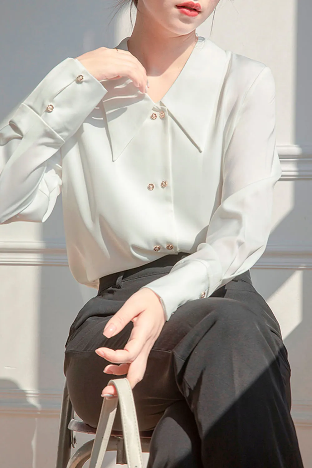 Light Academia White Satin Blouse Big Pointy Collar