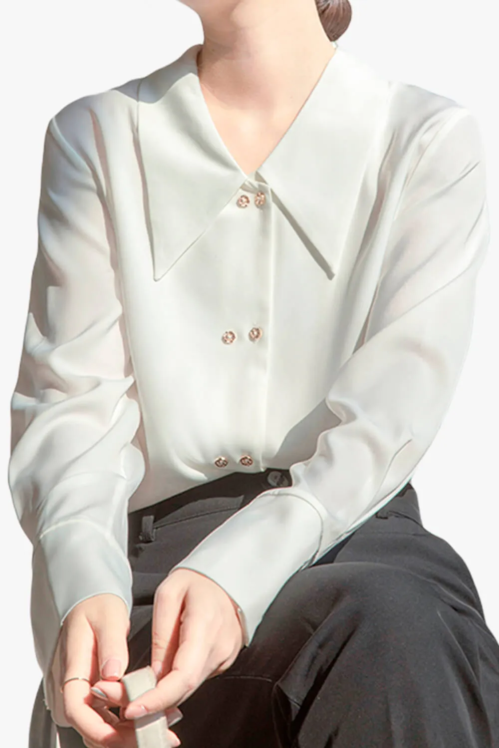 Light Academia White Satin Blouse Big Pointy Collar
