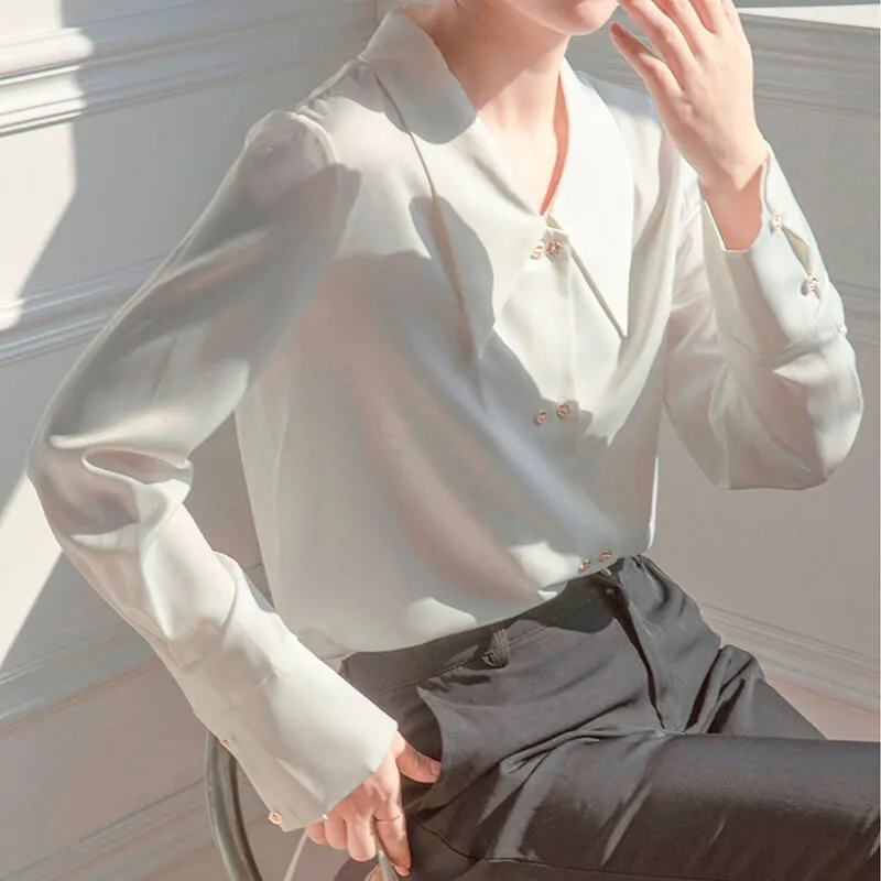 Light Academia White Satin Blouse Big Pointy Collar