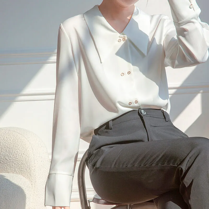 Light Academia White Satin Blouse Big Pointy Collar