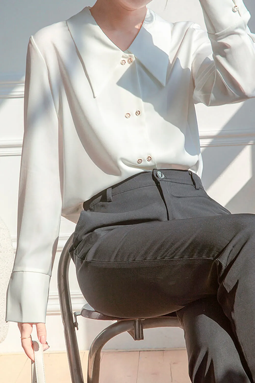 Light Academia White Satin Blouse Big Pointy Collar