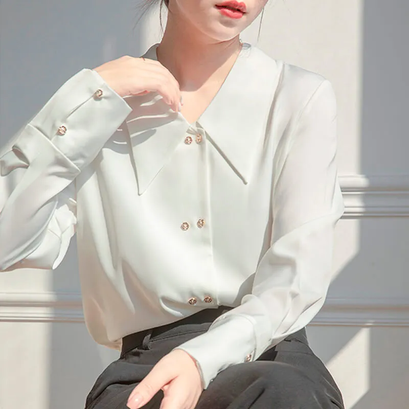Light Academia White Satin Blouse Big Pointy Collar