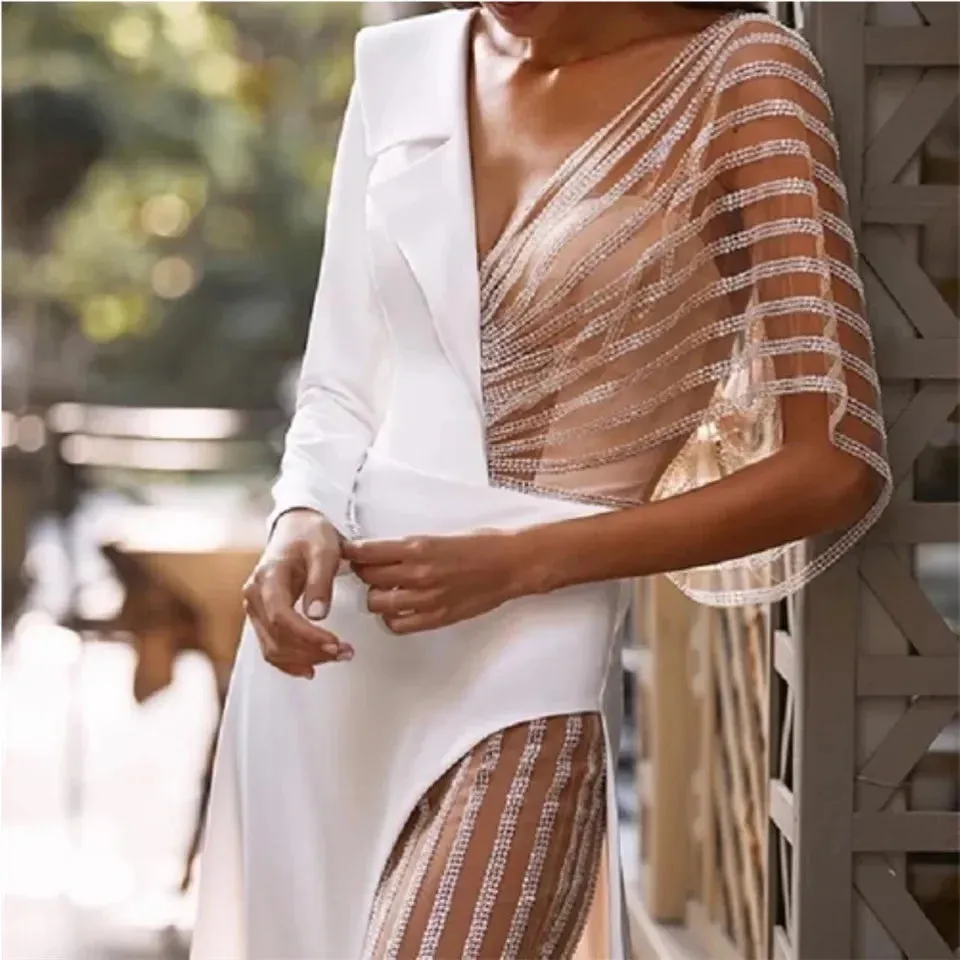 Long Sleeve Tulle V-neck Back Slit Wedding Party Evening Prom Dress