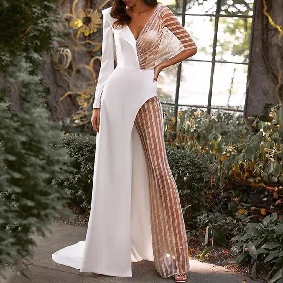 Long Sleeve Tulle V-neck Back Slit Wedding Party Evening Prom Dress