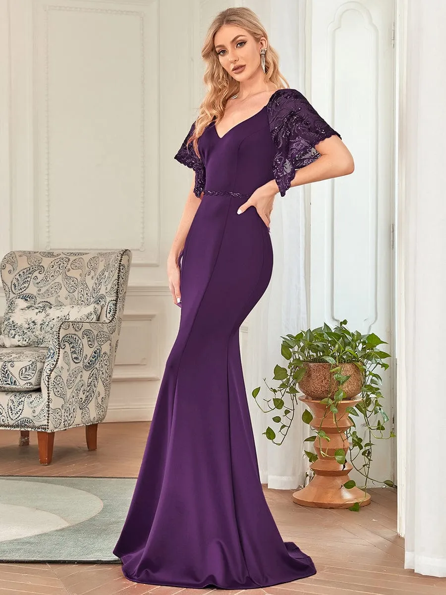 Sexy V Neck Maxi Bodycon Evening Dress with Flare Sleeves