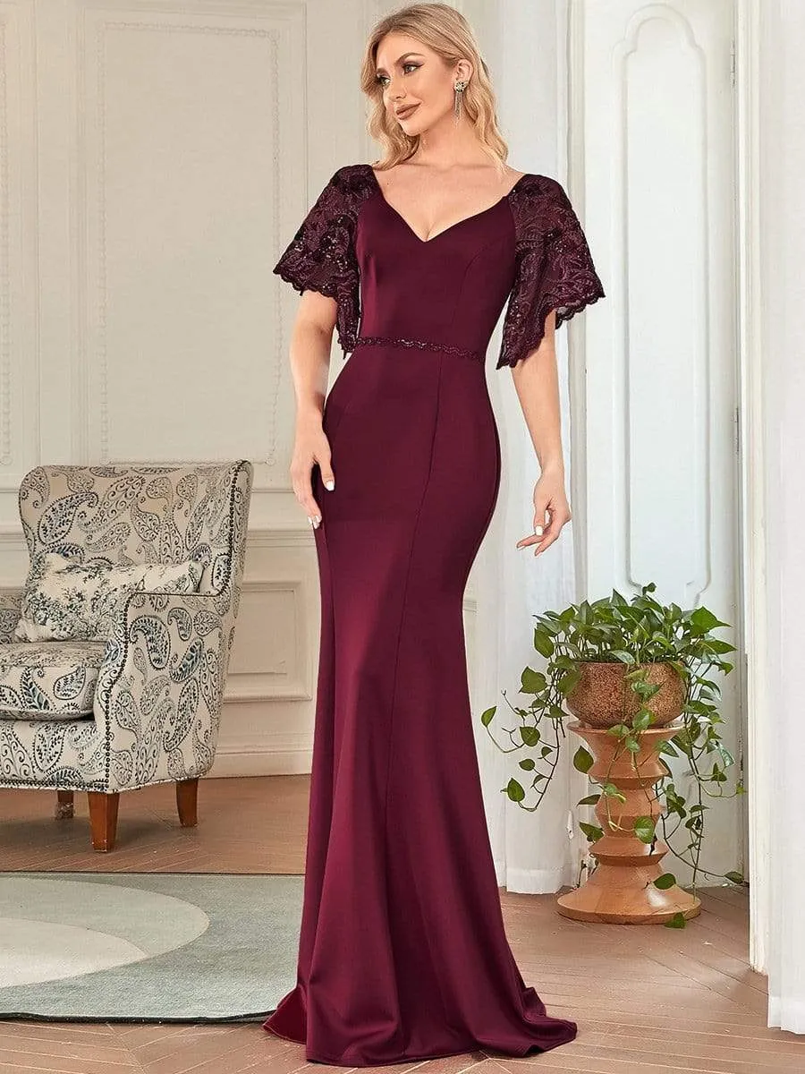 Sexy V Neck Maxi Bodycon Evening Dress with Flare Sleeves