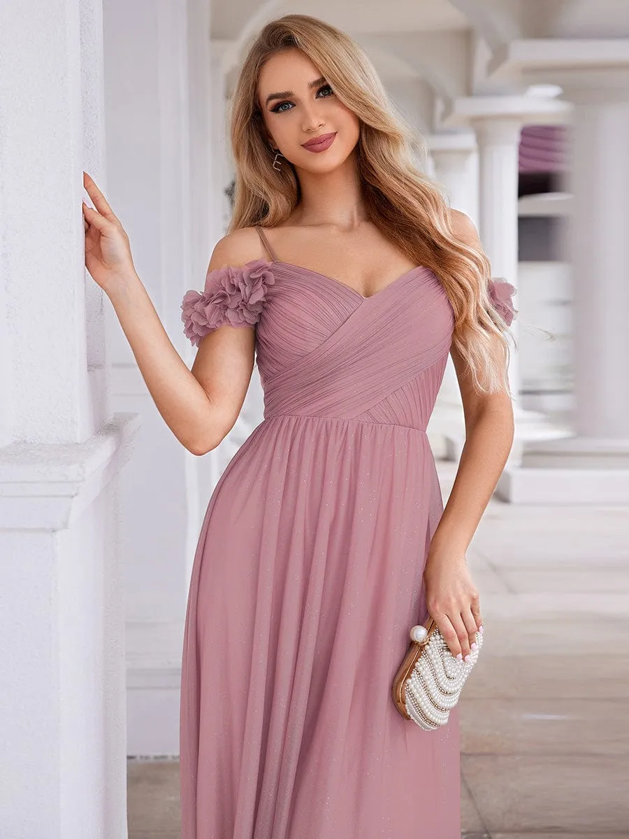 Sparkling V-Neck Floral Cold-Shoulder Evening Dress with Pleated