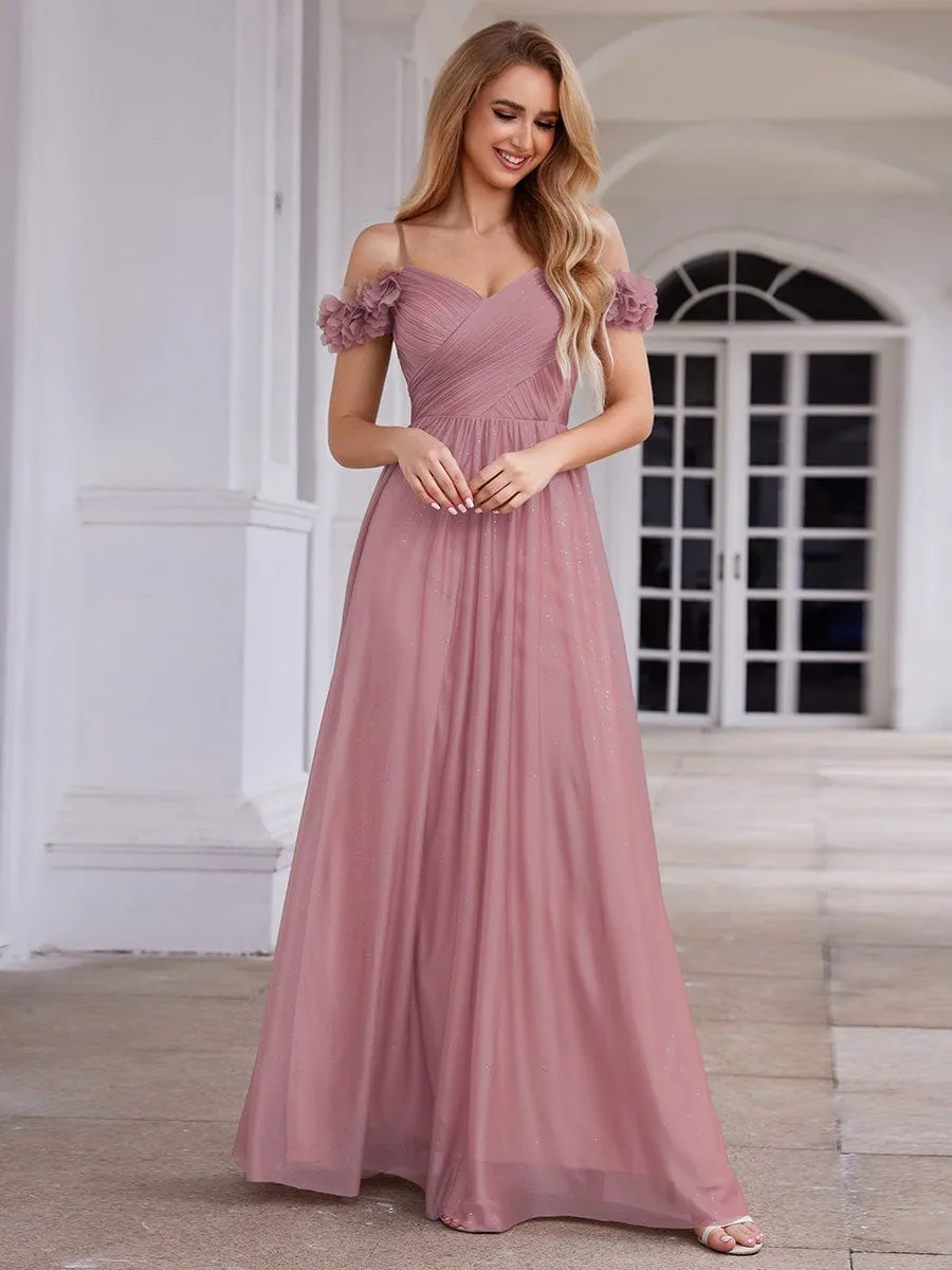Sparkling V-Neck Floral Cold-Shoulder Evening Dress with Pleated