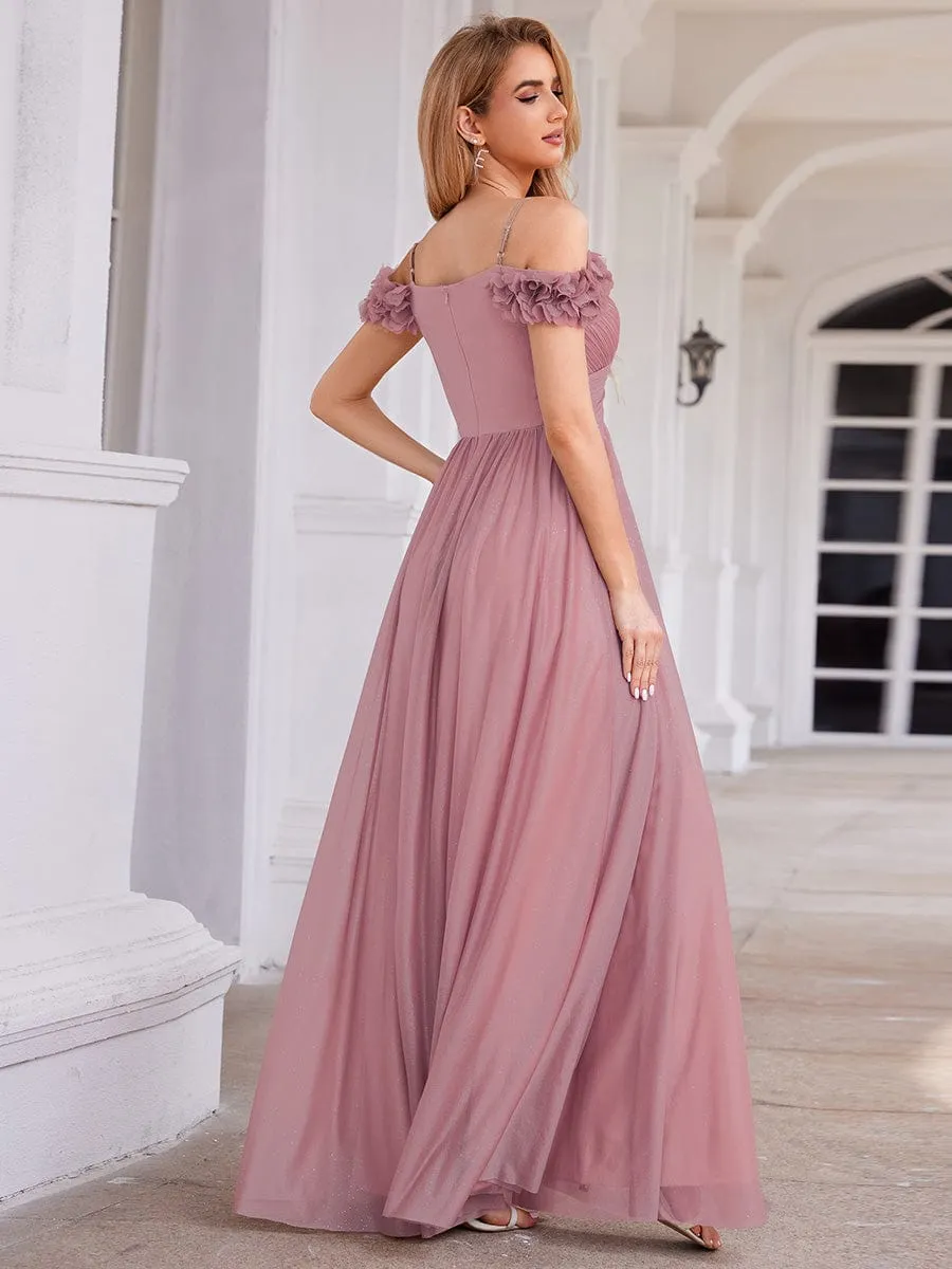 Sparkling V-Neck Floral Cold-Shoulder Evening Dress with Pleated