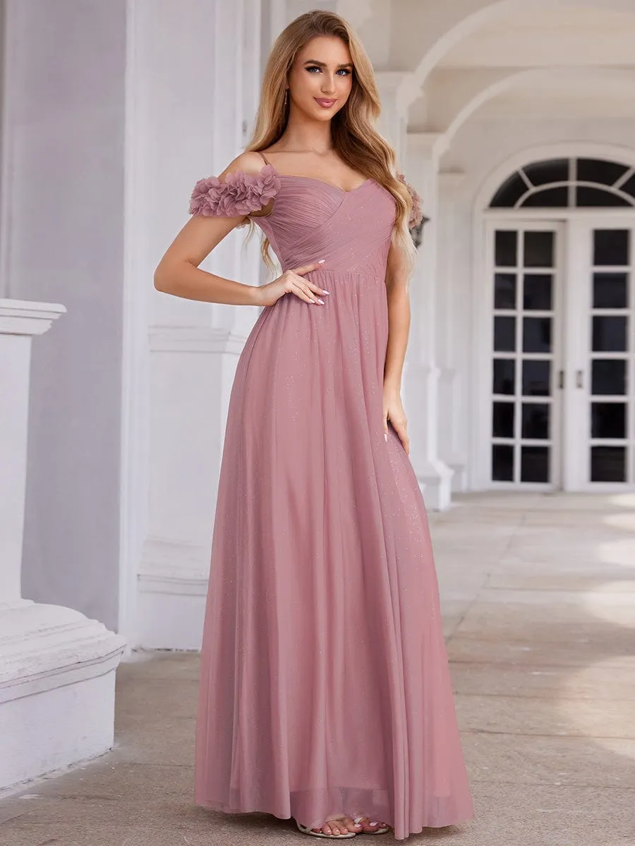 Sparkling V-Neck Floral Cold-Shoulder Evening Dress with Pleated