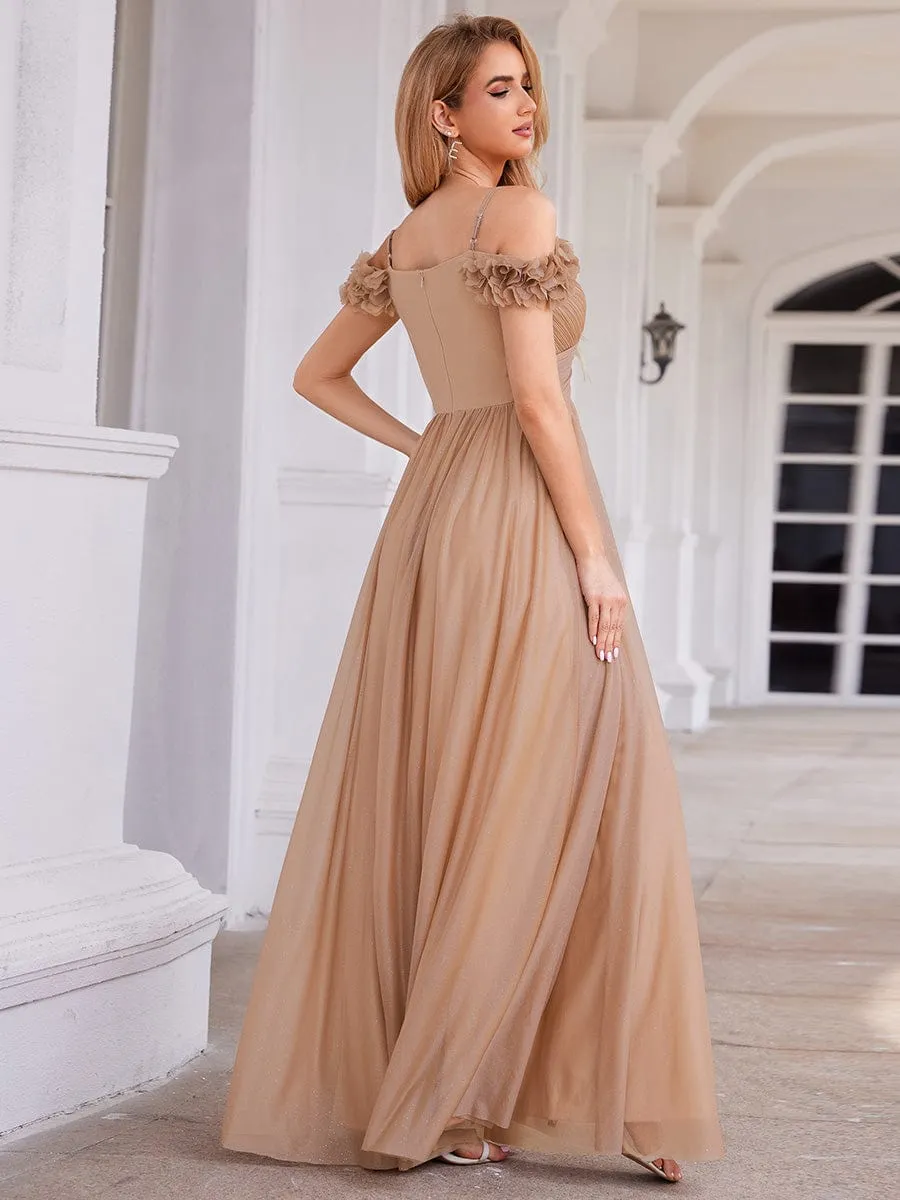 Sparkling V-Neck Floral Cold-Shoulder Evening Dress with Pleated