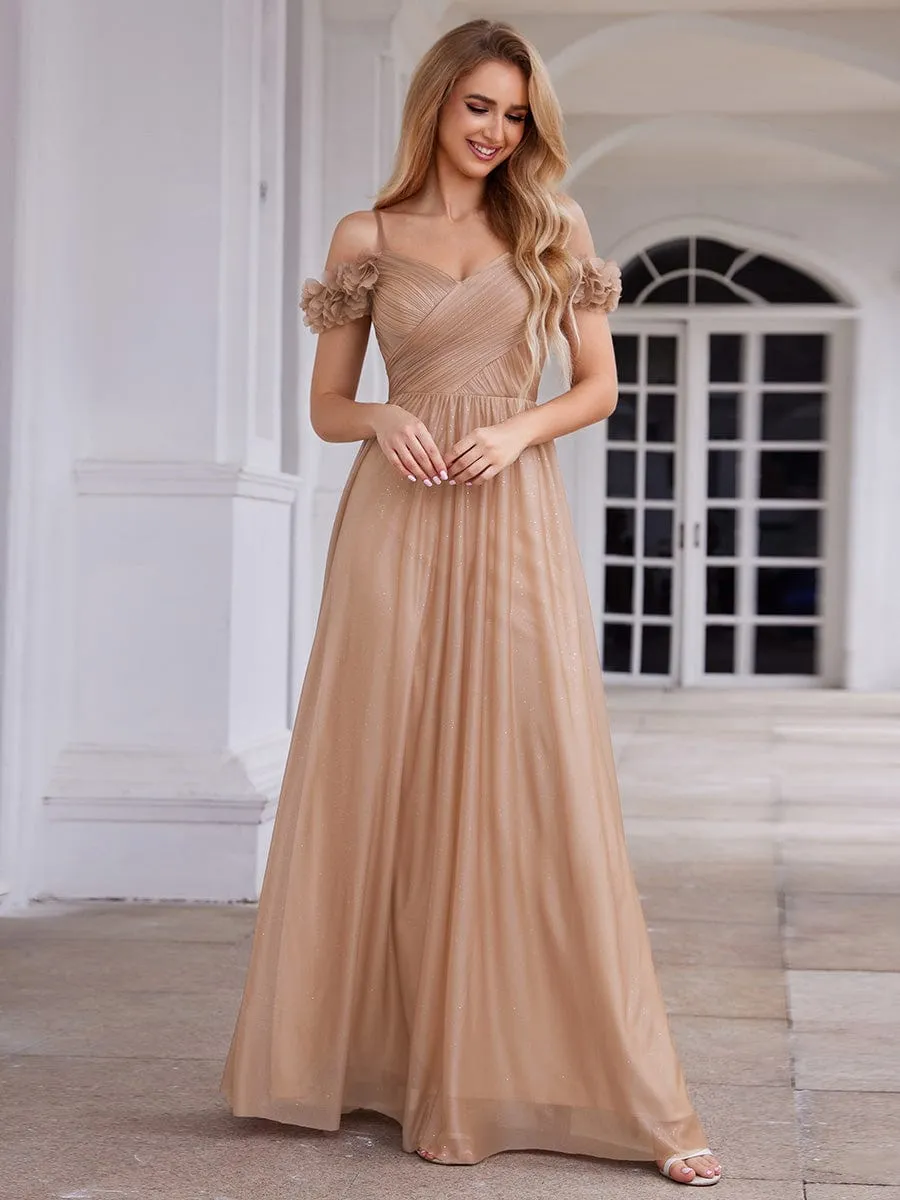 Sparkling V-Neck Floral Cold-Shoulder Evening Dress with Pleated